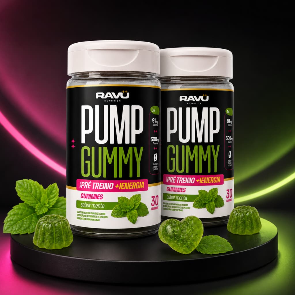 Kit 2 Pré Treino Pump Gummy Ravu 60 Gomas com Cafeína, Taurina, Vitaminas B, Zero Açúcar, Sabor Menta