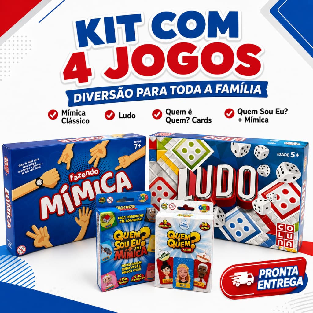 Kit 4 Jogos Família Ludo Mímica Quem Sou Eu Quem é Quem Jogo de Tabuleiro Infantil Completo