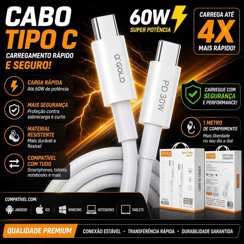 Cabo Tipo C para celular Carregador Gold Carregamento Rapido e cabo Reforçado USB C 1M