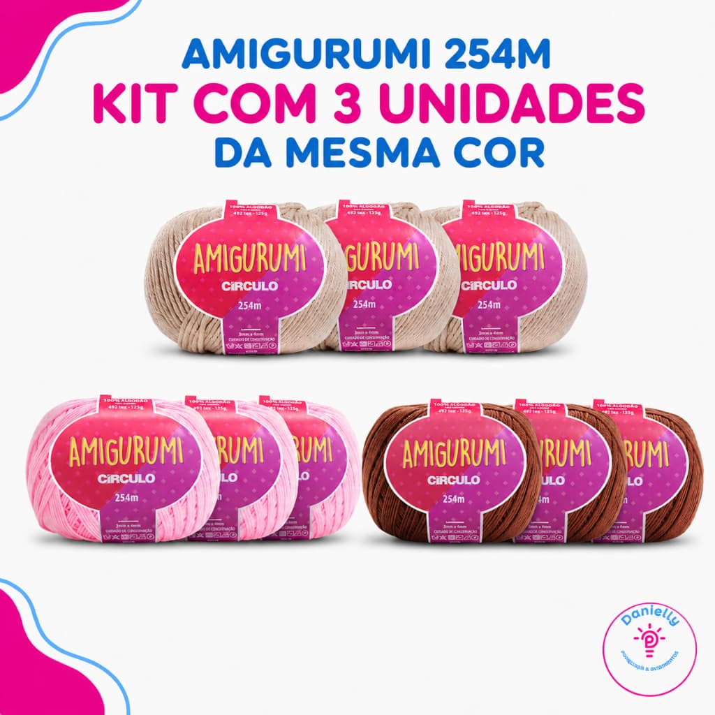 Linha Amigurumi Círculo 254m 125g Kit 3 Unidades Mesma Cor Fio 100% Algodão para Crochê e Bonecos