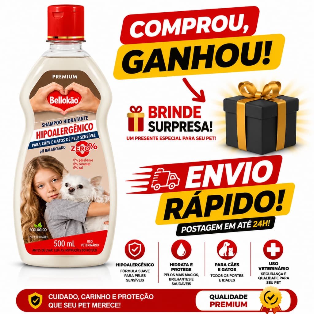 Shampoo Bellokão Hipoalergênico ( 0% parabenos 0% Perfume 0% corantes )para Cães e Gatos 500ml (meio litro)