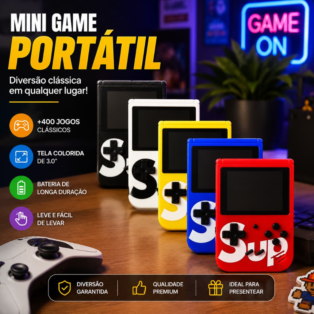 MINI Video Game Box Infantil Portátil 400 Jogos Em 1 Clássicos Anos 80 Com Controle e Cabo AV para TV