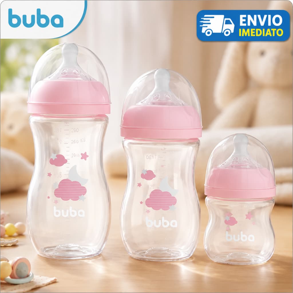 Buba Kit 3 Mamadeiras Anticólica Easy Flow nuvem rosa 120ml, 270ml e 330ml – Ideal para Todas as Fases do Bebê.