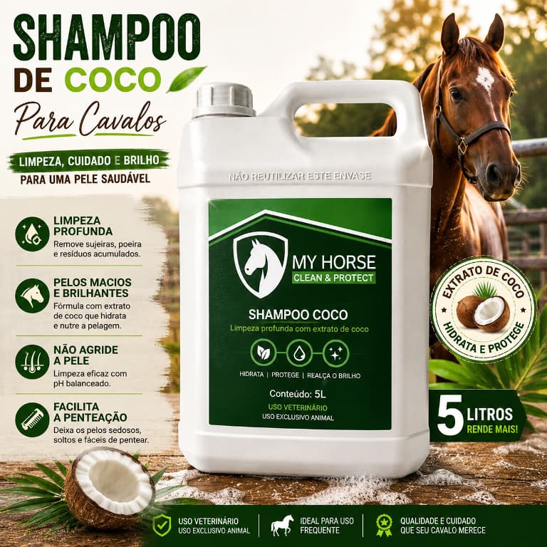 Shampoo de Coco Para Cavalos 5L My Horse Limpeza Profunda Brilho Intenso Hidratação Pelagem Macia Equinos