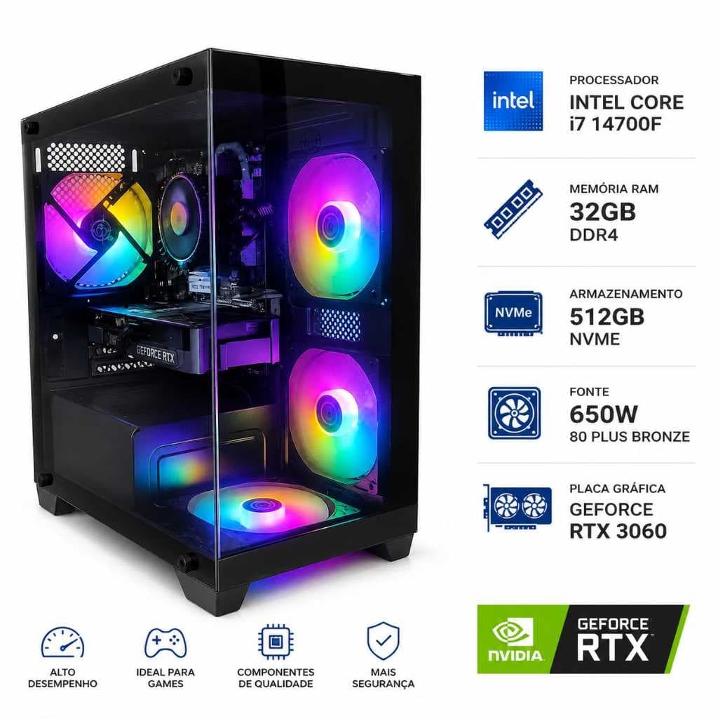 Computador Gamer Intel Core i7 14700F | 32GB RAM | GeForce RTX 3060 12GB | 512GB SSD NVMe