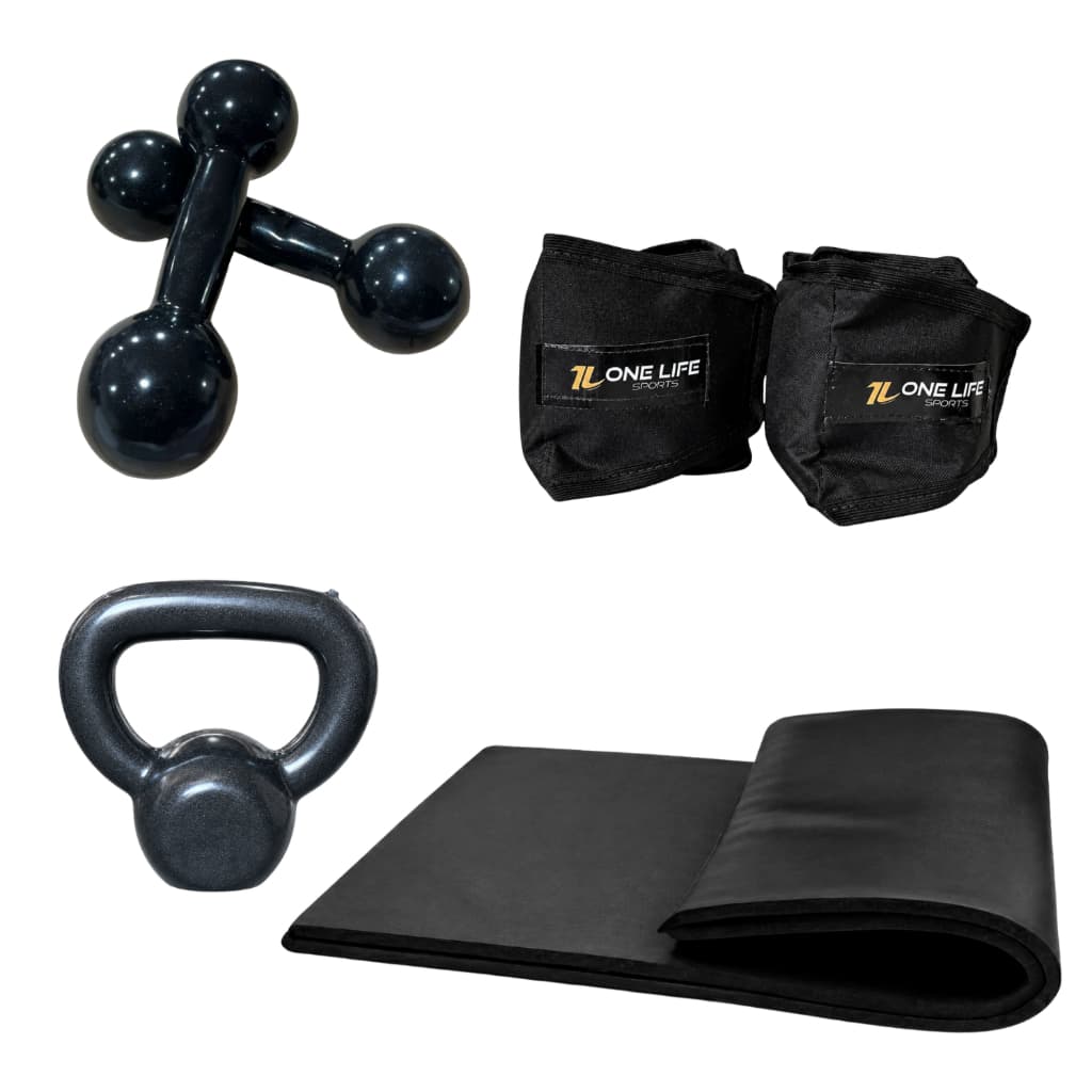 Kit Aeróbico em Casa Caneleira 5kg Halter 2kg Kettlebell 4kg Colchonete Treino Funcional Cross