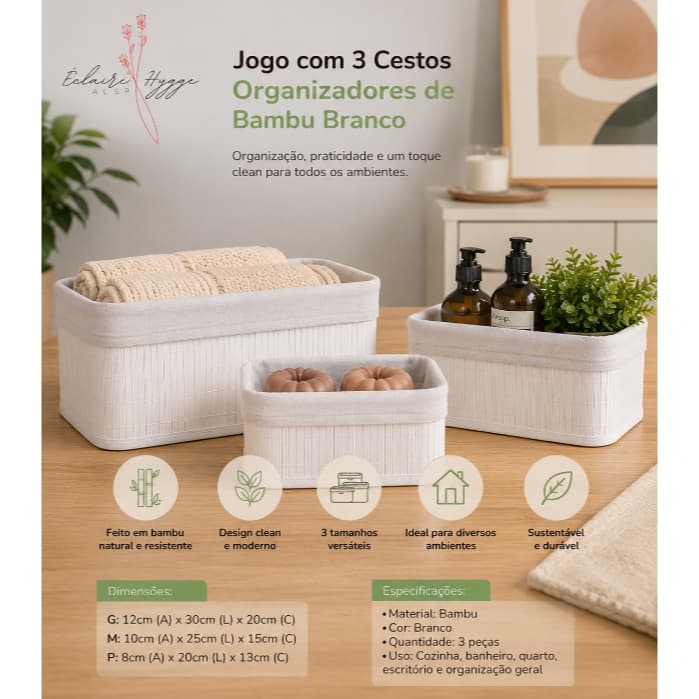 Cestos Organizadores Bambu Branco Kit 3 Organizador Multiuso Banheiro Quarto Infantil ou Adulto Cozinha Clouset