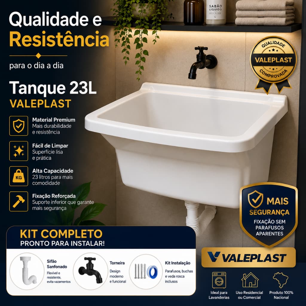 Tanque Plástico 23 Litros Lavar Roupas Lavanderia Kit Instalação Completo Torneira Válvula Acoplada Sifão Bucha Parafuso