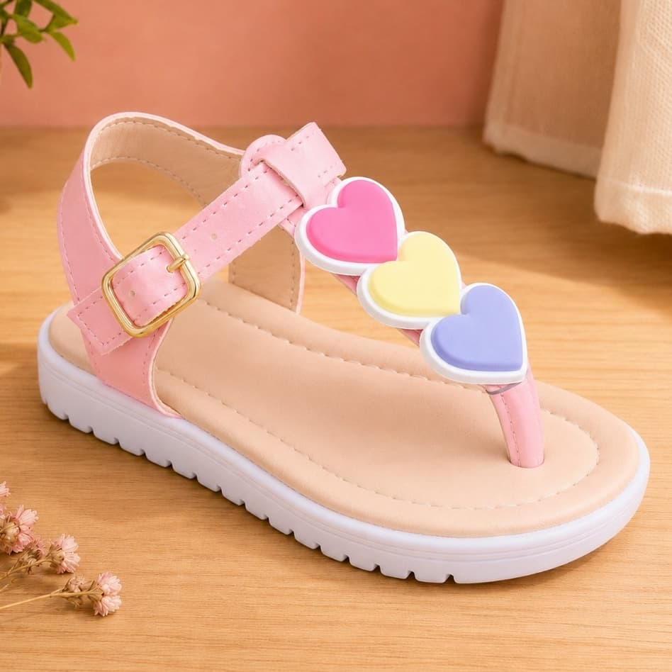 Sandália infantil de dedo enfeite corações coloridos linda e Confortável.