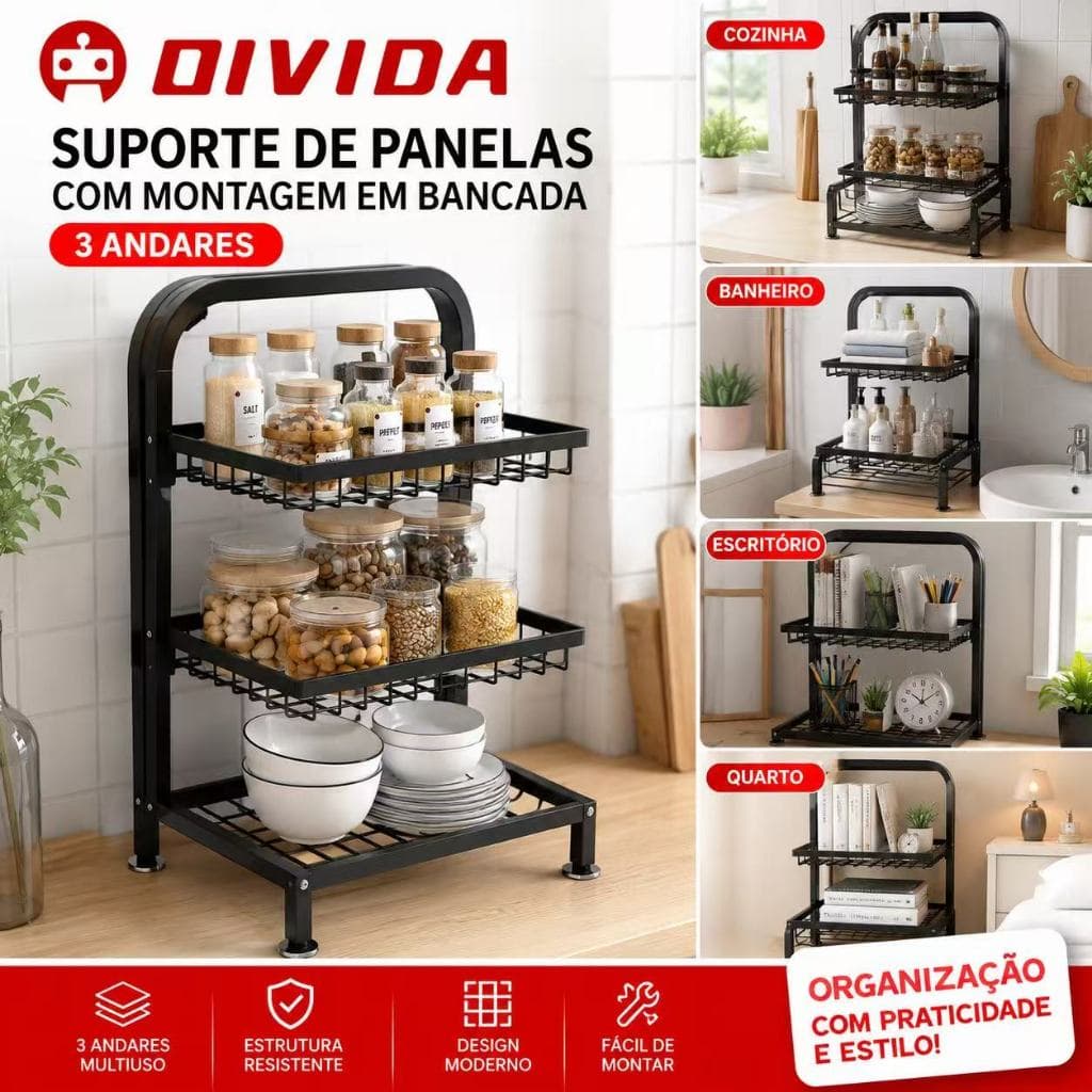 Estante Organizadora Multiuso 3 Níveis em Metal com Alça para Banheiro, Cozinha, Quarto e Escritório