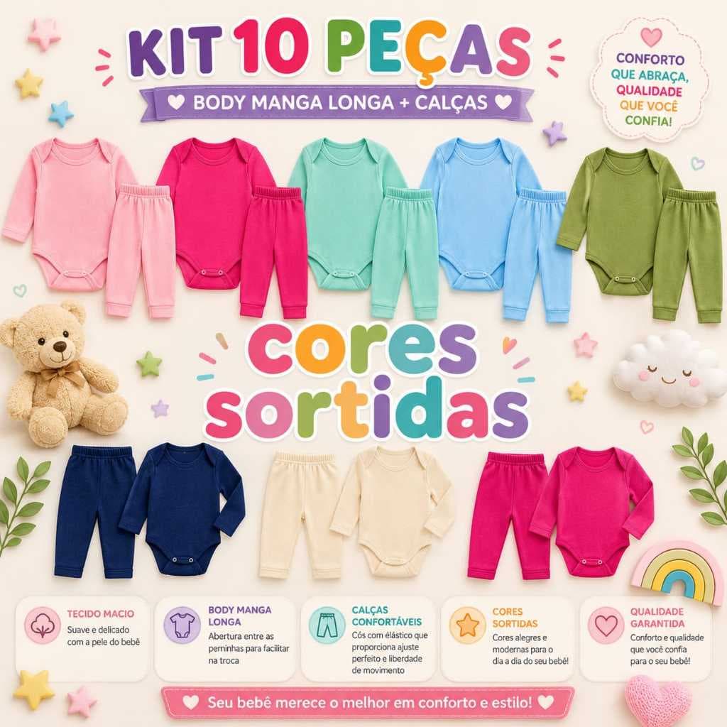 Kit Enxoval Bebê Infantil 10 Peças Body Manga Longa e Mijão Menino E Menina Cores Sortidas