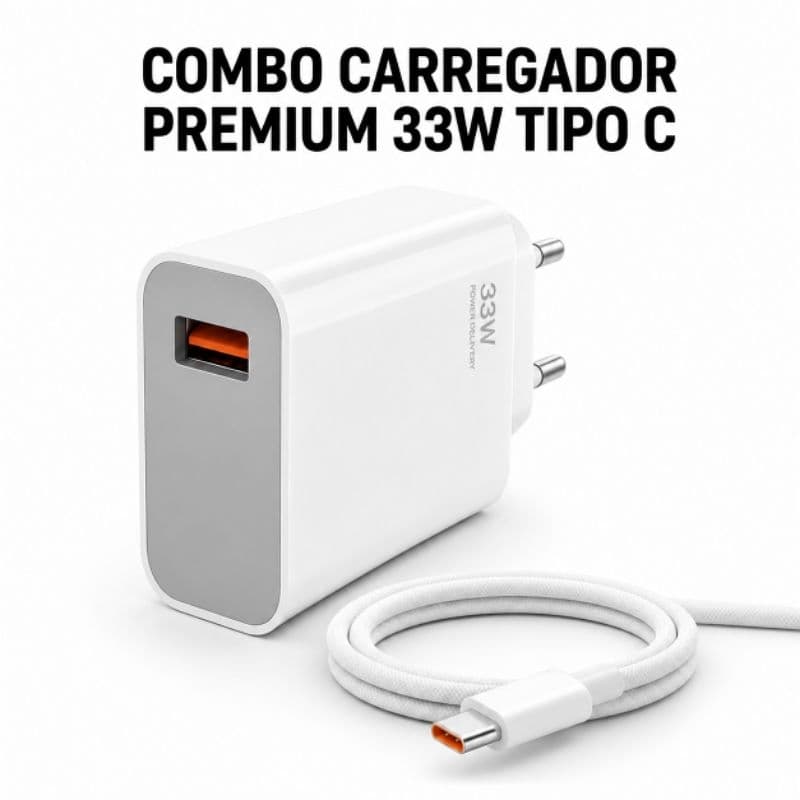 Carregador para celular turbo  33W carregamento rápido compatível com entrada tipo C combo fonte + cabo fonte bivolt