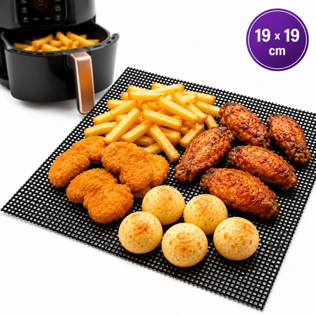 Tela Antiaderente para Air Fryer 19x19cm Reutilizável Tapete Grelha Cesto Fritadeira sem Óleo