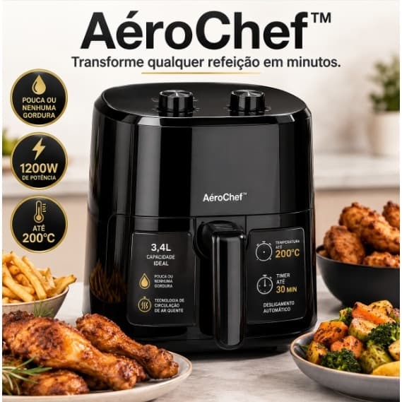Air Fryer 3,4L AéroChef 127V Fritadeira Elétrica Sem Óleo Preta Cesto Antiaderente Timer
