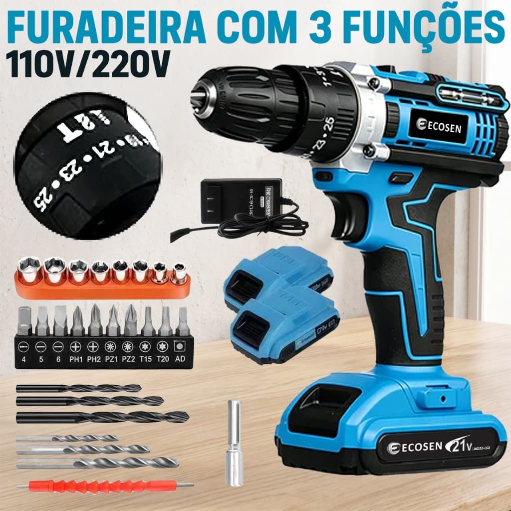 Furadeira Parafusadeira 3/8" 3 em 1,110V/220V universal conjunto completo ECOSEN Furadeira elétrica premium