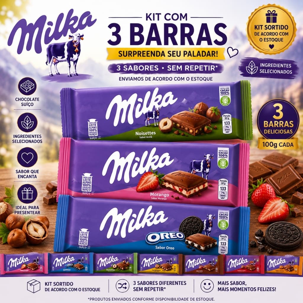 Chocolate Milka Importado Barra Sabores Variados - Mix com 3 Unidades