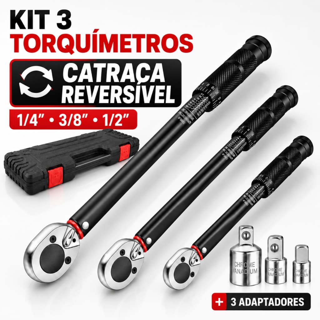 Kit Torquímetro Profissional 3 Peças 45 Dentes + 3 Adaptadores 1/4 3/8 1/2 Catraca Reversível para Carro Moto