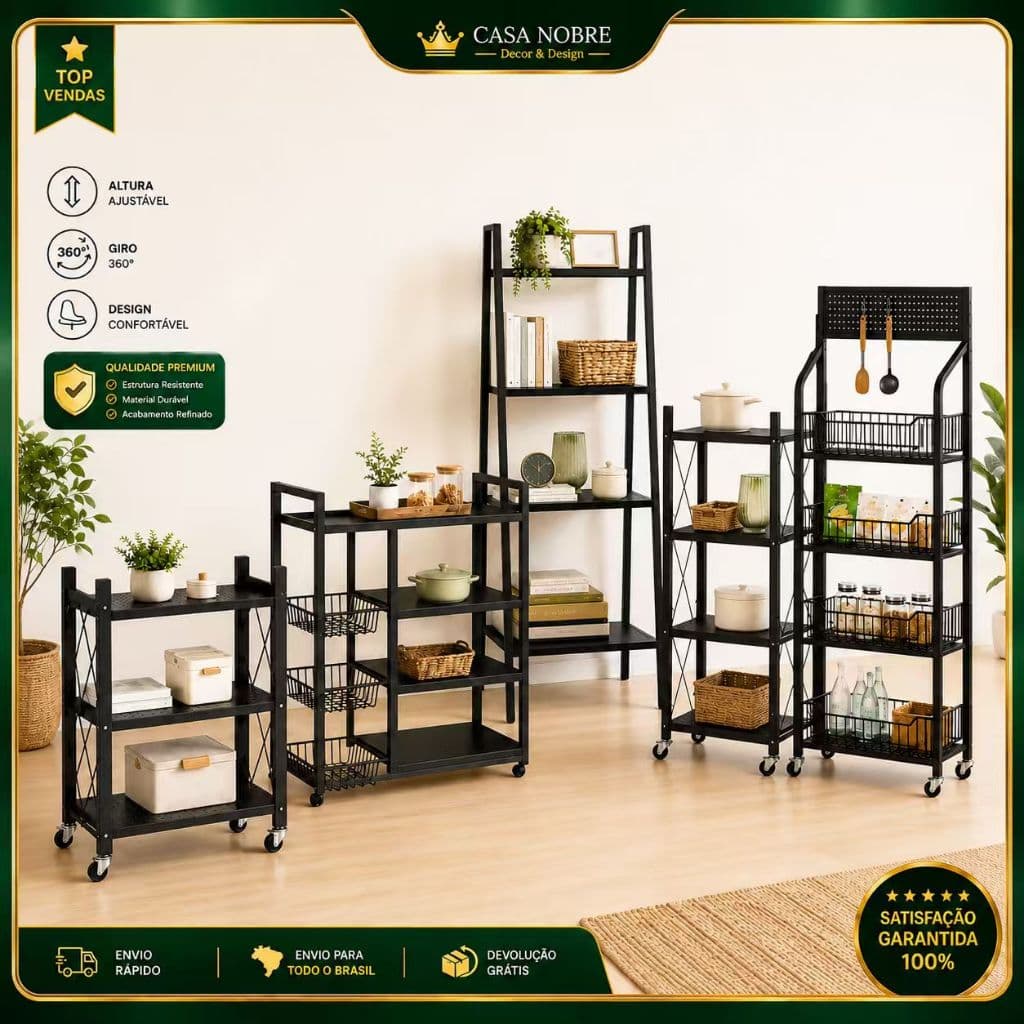 Prateleira Metal Dobrável com Rodinhas 360° Rack Organizador Multiuso Cozinha Quarto Escritório Armazenamento Móvel Pret