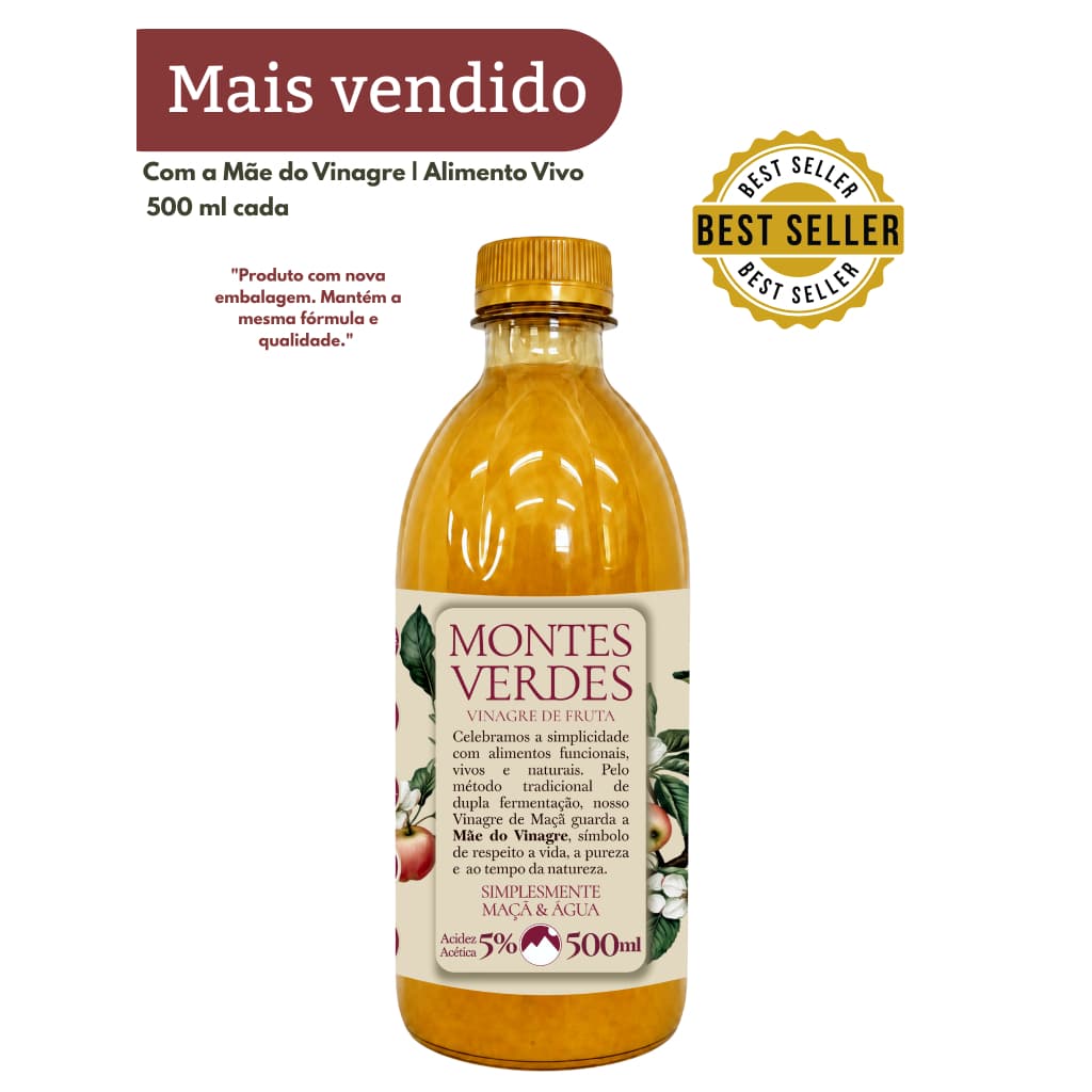 Vinagre de Maçã Natural com Mãe 500ml Original Fermentado Vivo 0% Açúcar – Montes Verdes