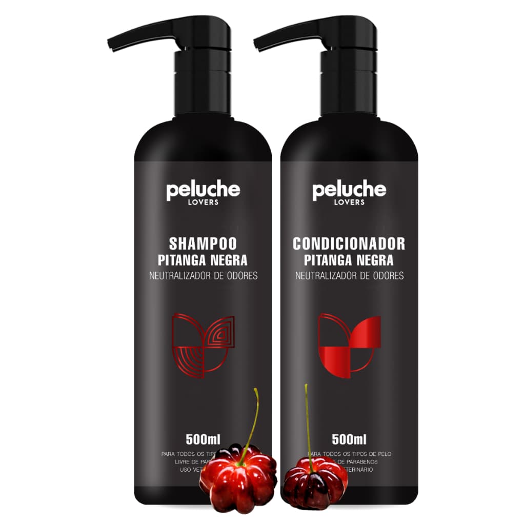 Kit Shampoo e Condicionador Pitanga Negra Peluche 500ml Banho Premium Para Cachorro Mais Sensação de Limpeza