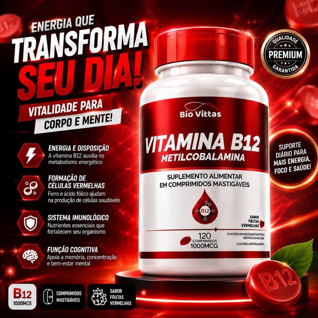 VITAMINAS B12 METILCOBALAMINA - SUPLEMENTO PREMIUM MASTIGAVEL - 120 CÁPSULAS 1000Mg