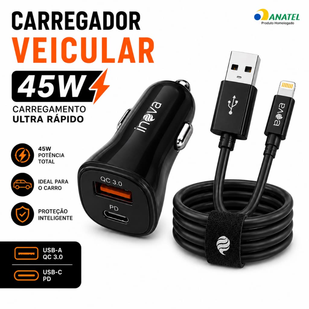 Kit Carregador Veicular 45W Turbo USB + USB-C PD com Cabo Lightning para iPhone | Carregamento Rápido QC 3.0