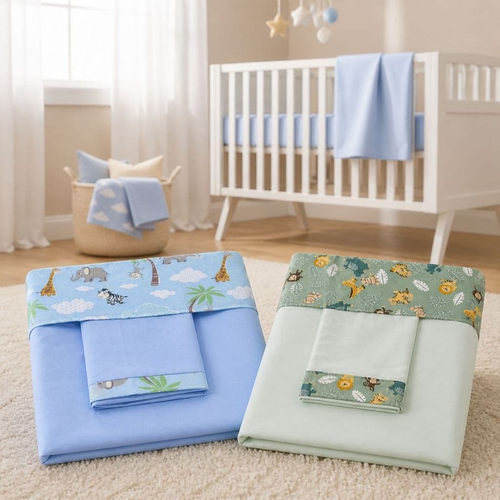 Kit 2 Jogo De Lençol Para Bebe Berço Americano 3 Peças Menina Menino Safari Cor Azul Enxoval Infatil