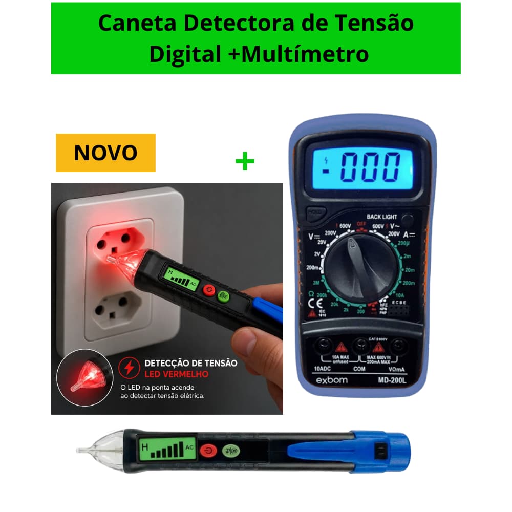 Multímetro Profissional Exbom MD-200L Bip Portátil LCD Led Fusível+Caneta Detector Tensão Digital