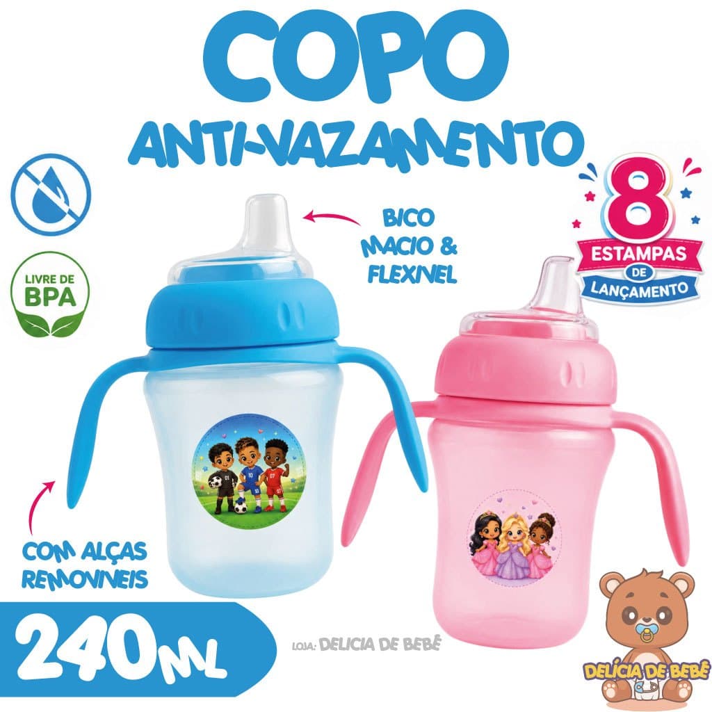 Copo Para Bebê - Anti-Vazamento 240 ml Bico Silicone Macio Alça Removível Mamadeira Unicórnio Dino