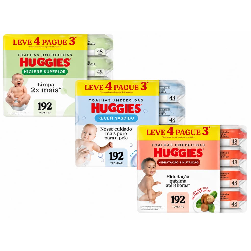 Pack Lenço Umedecido Huggies Higiene Superior Hipoalergênico Sem Álcool - 4 pacotes (192 unidades)