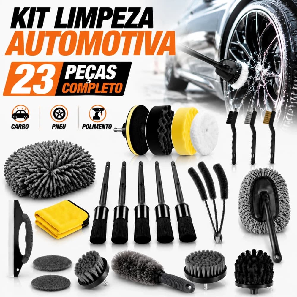 Kit 23/27 Peças Limpeza Automotiva Escovas Detalhamento Carro Pneu Polimento com Luva e Toalha