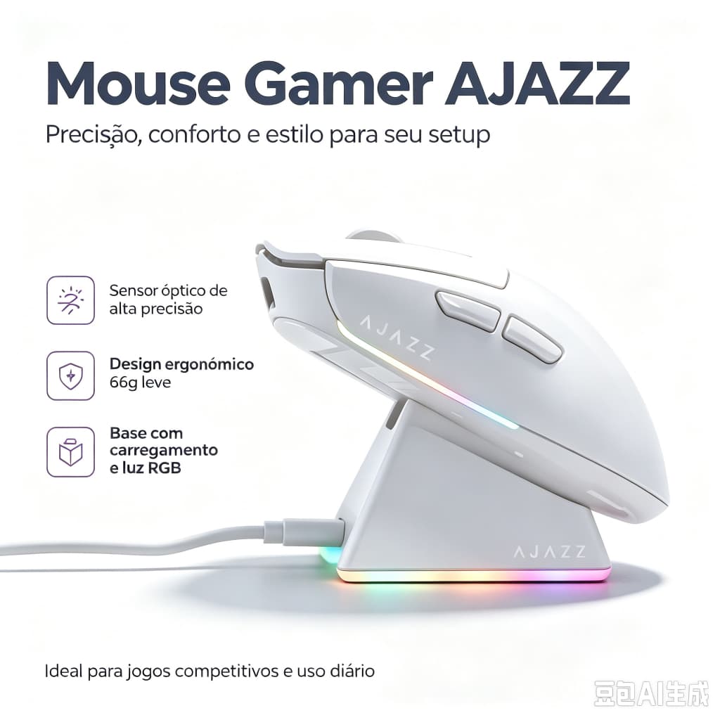 Mouse Gamer Sem Fio AJAZZ AJ139 V2 Leve, Sensor PAW3395, Base Magnética RGB, Ideal para Mãos Pequenas e Médias