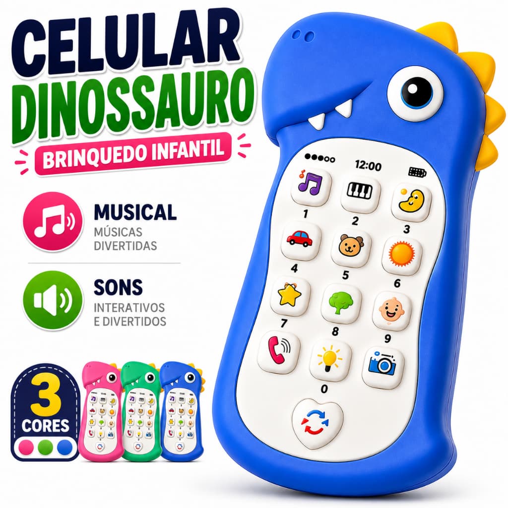 Brinquedo Celular Infantil Brinquedos Pedagógicos Dinossauro Educativos Interativo Sensorial Musical Com Som Cores Linda