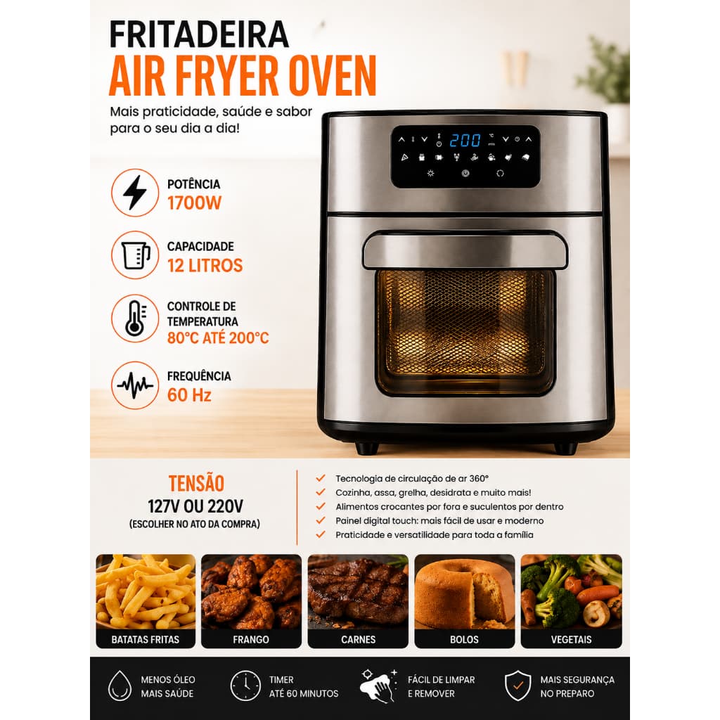 Fritadeira Air Fryer Premium Digital 12L linha profissional 1700w