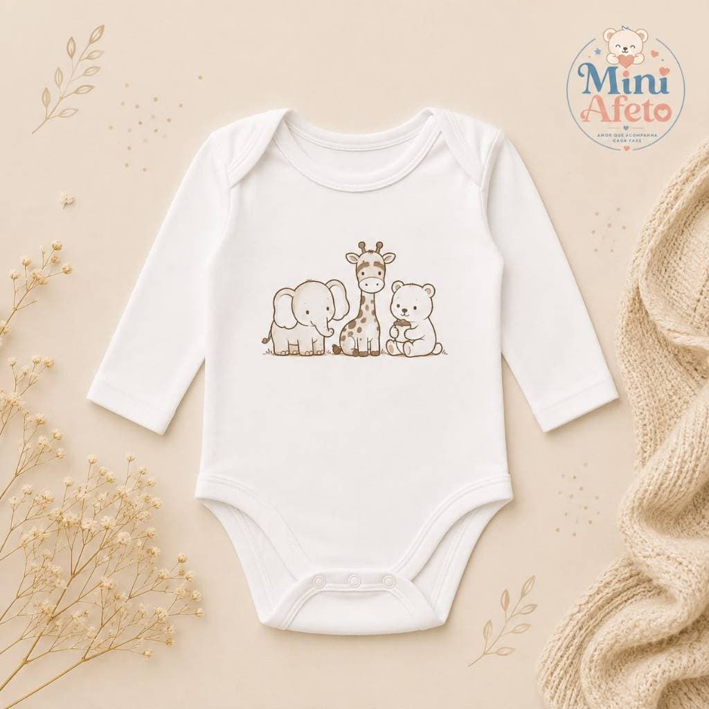 Body Bebê Manga Longa Estampa Bichinhos Safari Elefante Girafa Urso Algodão Roupa Infantil Menino Menina Enxoval Macacão