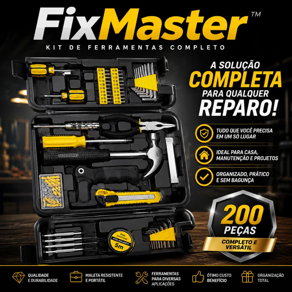 Maleta de Ferramentas FixMaster™ 200 Peças Kit Completo para Casa Manutenção e Reparos