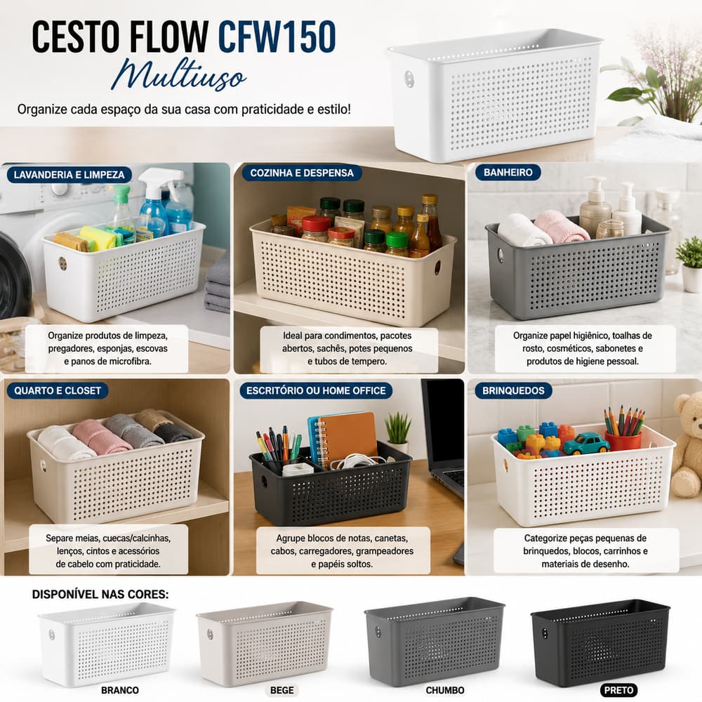 Cesto organizador 4,2L Flow OU - lavanderia produtos de limpeza, banheiro, roupas, closet, alimentos despensa, brinquedo