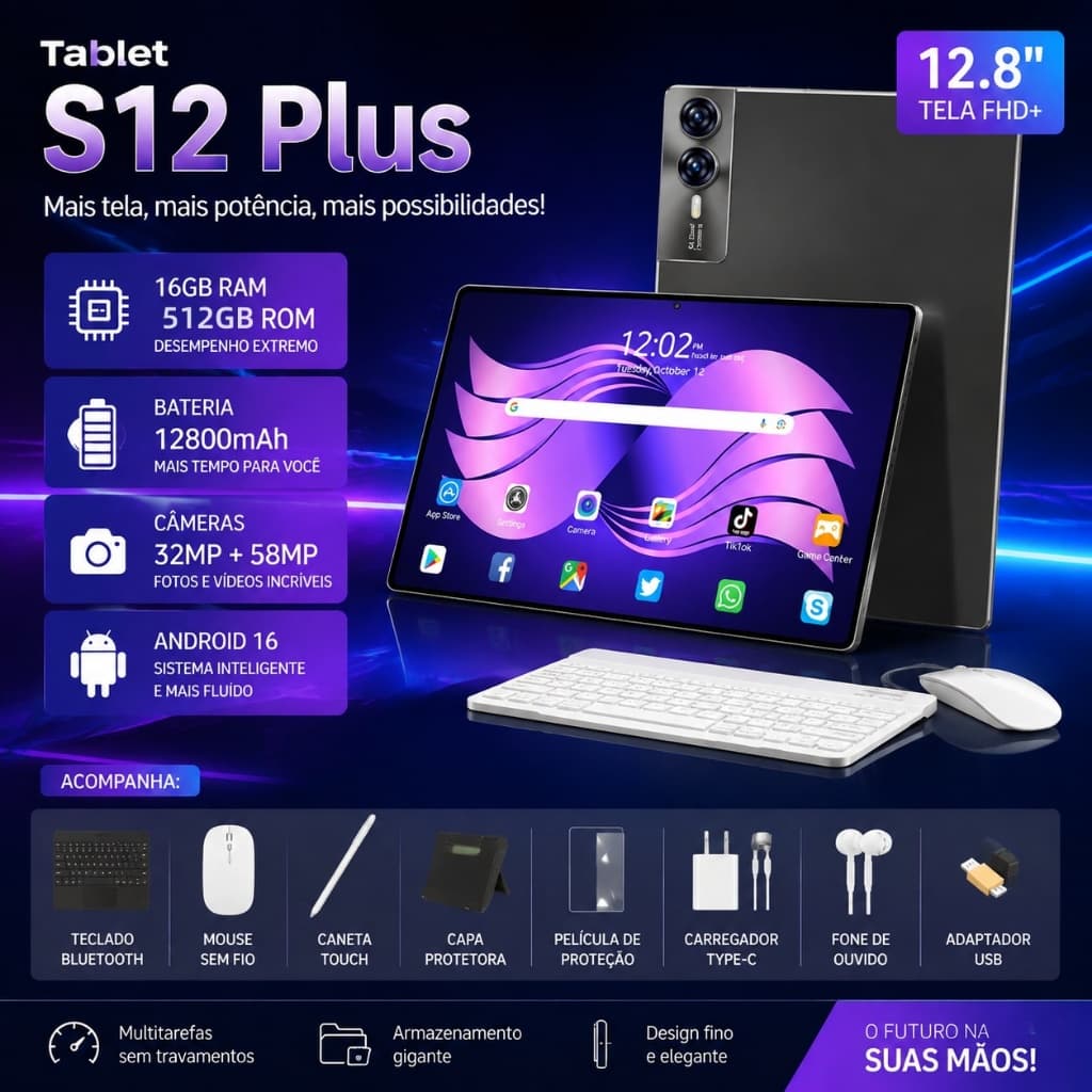 Tablet Galaxy S12 Plus 12.8" ROM 16GB + 512GB Tela FHD+ Android 16 Câmeras 58MP+ Teclado Mouse Presente Bateria 12800mAh