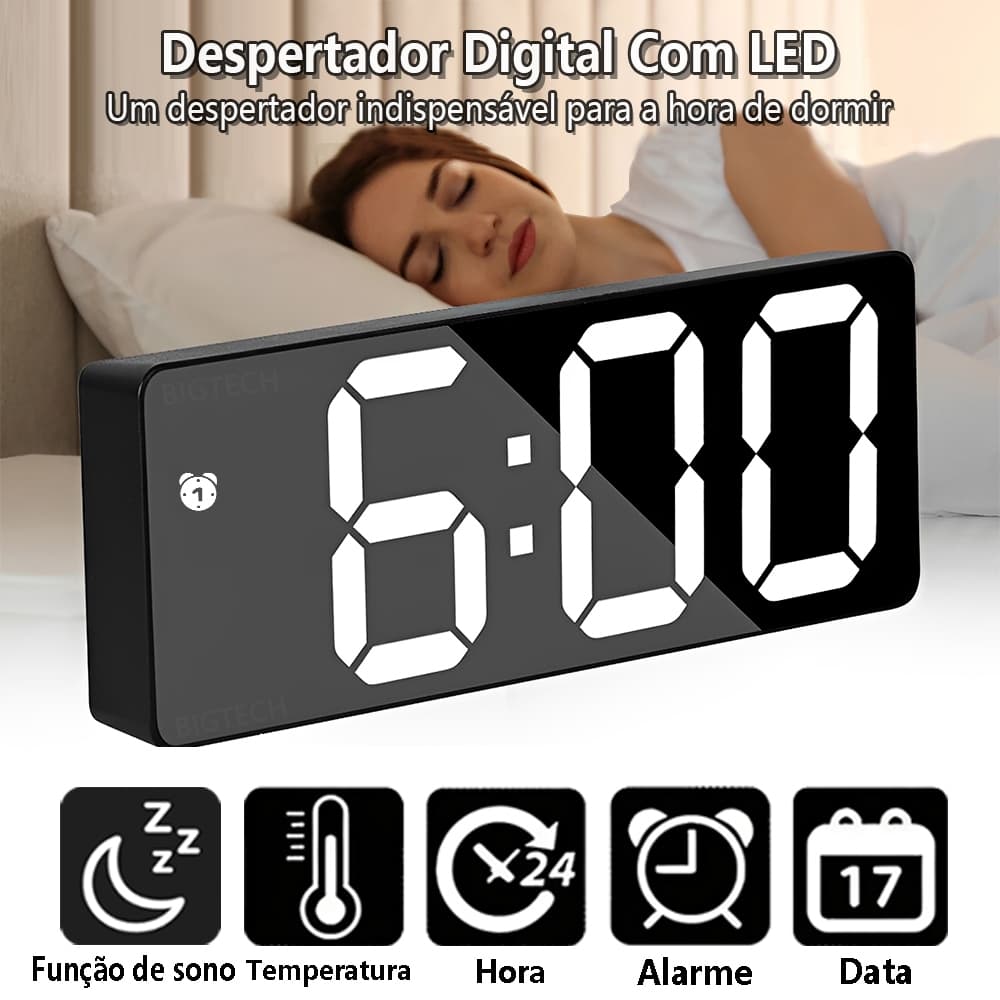 Relógio Eletrônico Despertador Simples MultiFunções LED Digital Grande Termômetro Umidade Alarme E Dimmer Inteligente