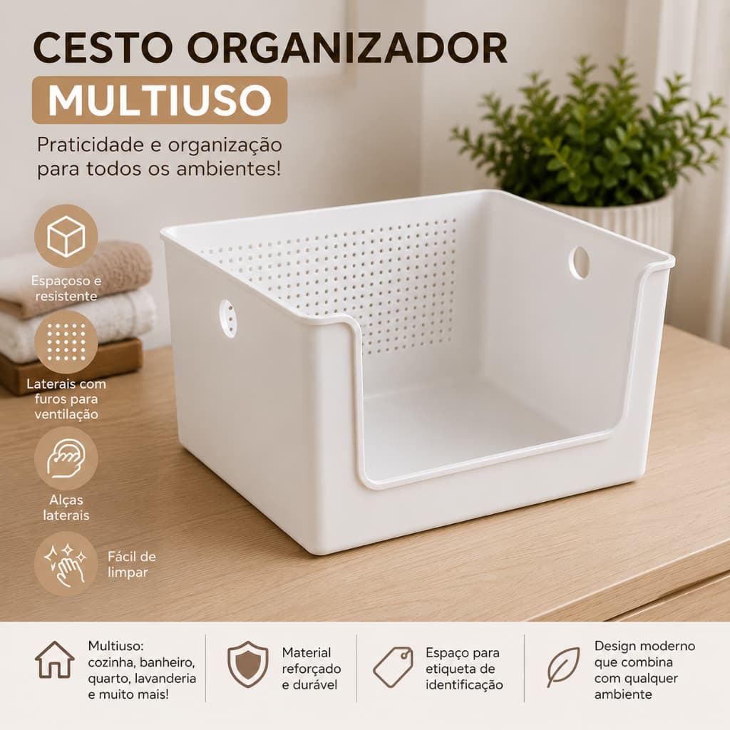 Cesto Organizador Multiuso 16L Branco – Cesto Plástico para Casa, Cozinha, Banheiro, Lavanderia e Closet