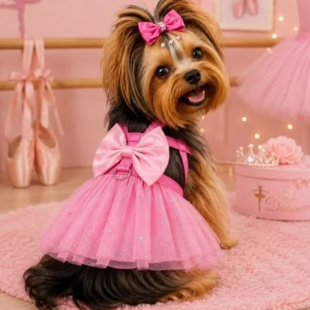 COLEIRA PEITORAL SAIA TULE BAILARINA ROSA COM GUIA DE PASSEIO PET FÊMEA PORTE PEQUENO E MEDIO