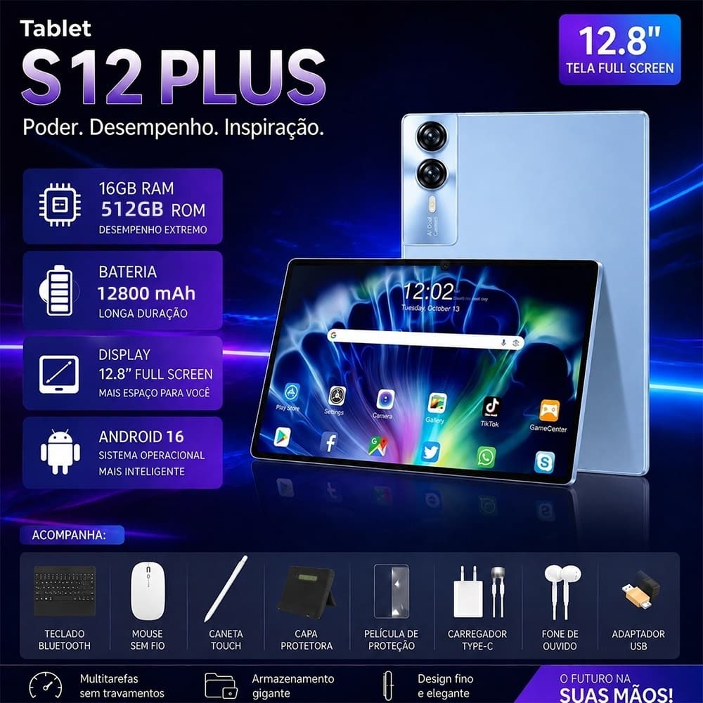 🔥TABLET S12 PLUS 12.8" ANDROID 16 - 16GB RAM 512GB ROM - BATERIA 12800mAh - TELA 2K FULL SCREEN 5G WIFI + 8 PRESENTES!🎁