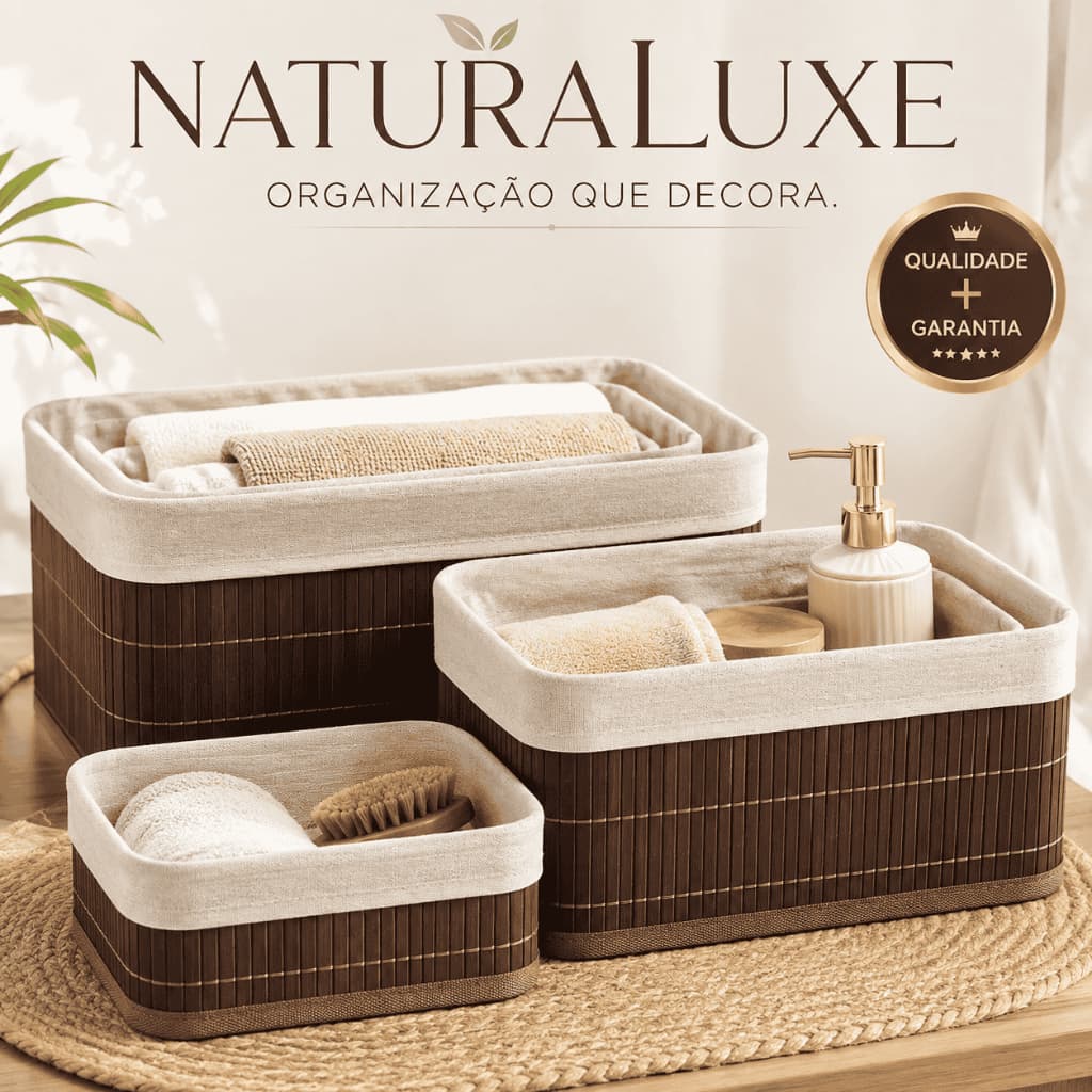 Kit Cesto Organizador de Bambu NaturaLuxe Multiuso – Cestos Organizadores para Quarto, Banheiro, Closet e Casa