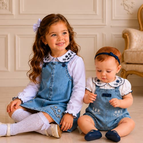 Macacão de bebê 0 a 4 Anos-Jardineira Jeans com Bordado de flor + Blusa – Brokinha | Bebê Menina | 2 Peças REF 4469