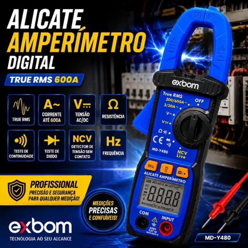 Alicate Amperímetro Digital True RMS 600A NCV Automático Multímetro Profissional Exbom MD-Y480