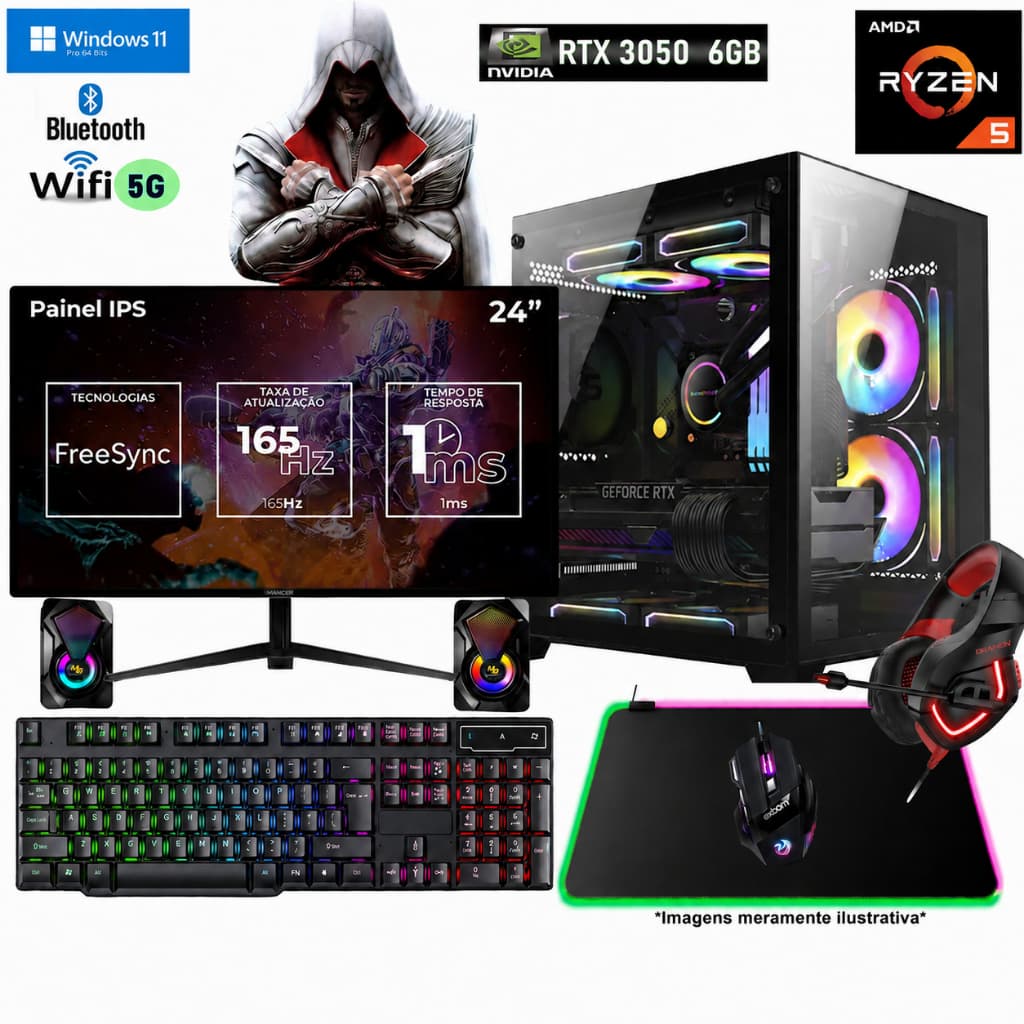 CPU Gamer Ryzen 5 5500 Completo + RTX 3050 6GB + DDR4 32GB RAM + NVMe 1TB c/garantia NF.