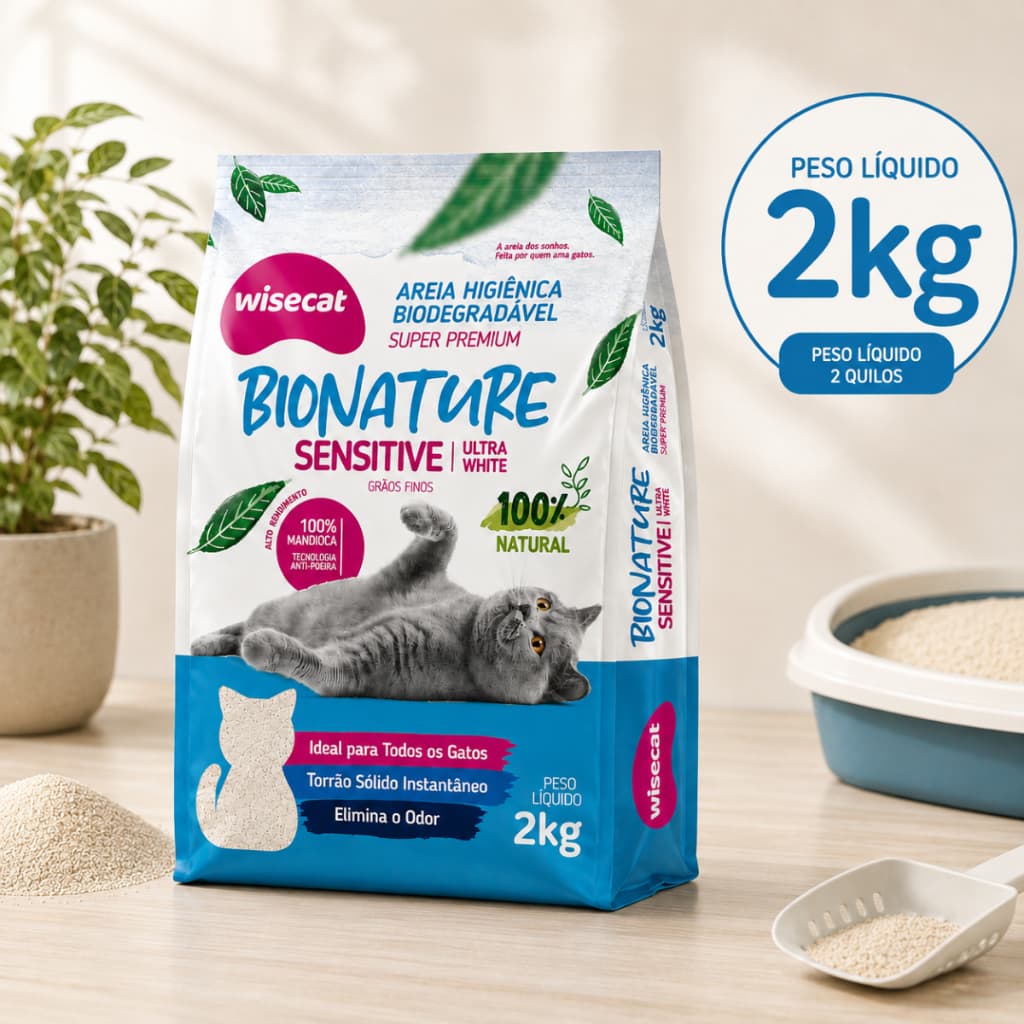 Areia Sanitária De Mandioca Grãos Finos Para Gatos Biodegradável Wisecat 2kg