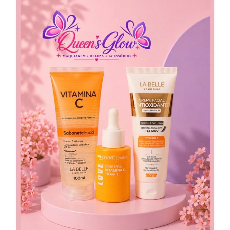 Kit Skincare Vitamina C 3 Passos – Sabonete Facial + Sérum + Creme Facial Antioxidante
