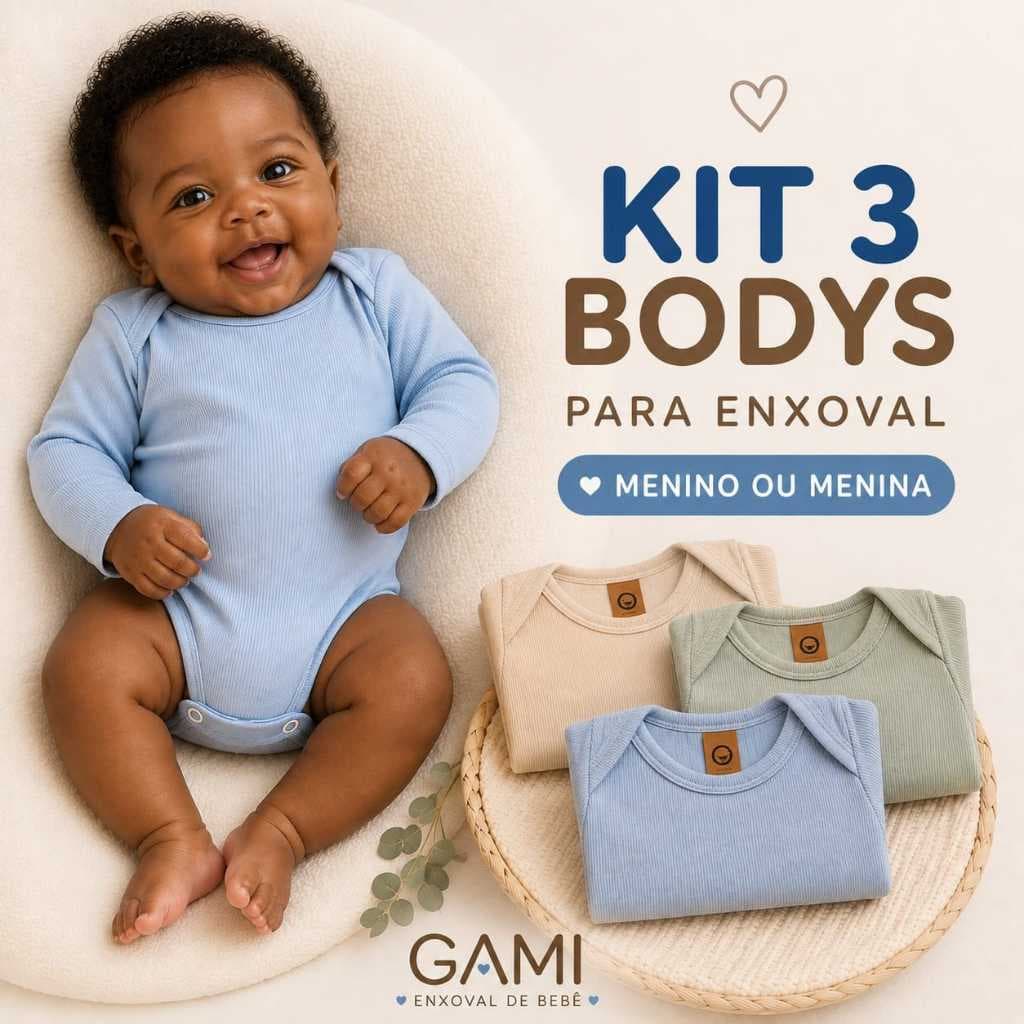 Kit 3 Body Bebê Canelado Manga Longa para Enxoval Menino ou Menina