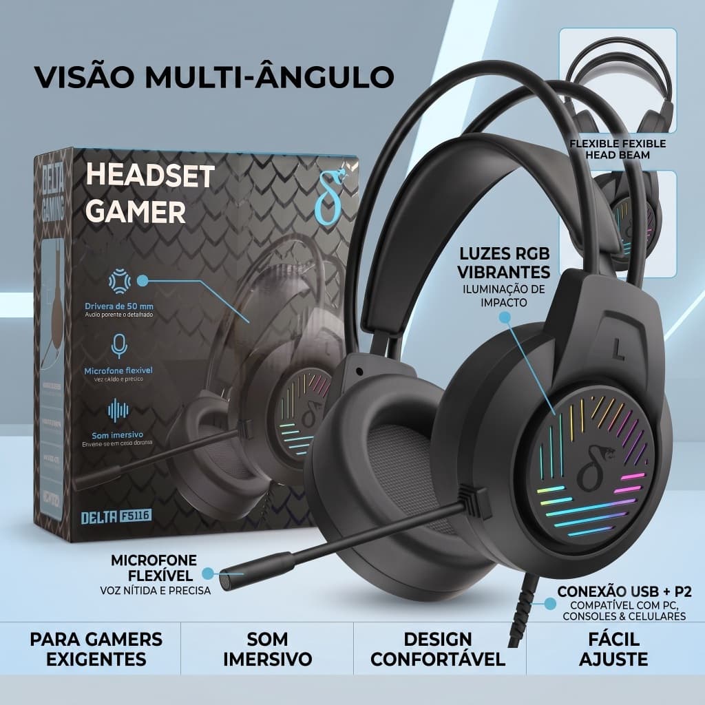 Headset Gamer F5116 Driver 50mm RGB Som Estéreo Imersivo Microfone Flexível P/ PC Notebook PS4 Xbox Celular